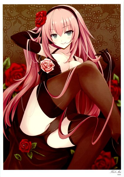 Anime picture 2129x3032 with vocaloid yellow avantgard kick-ass (artbook) megurine luka mikoto akemi single long hair tall image looking at viewer fringe highres breasts light erotic smile large breasts sitting green eyes pink hair cleavage bent knee (knees) scan