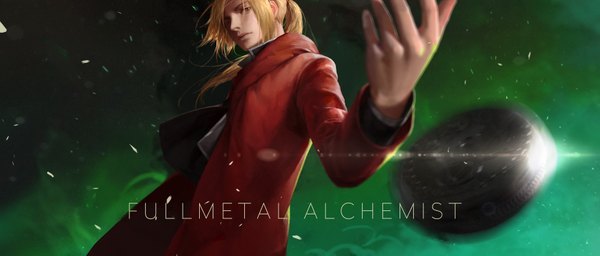 Anime picture 1754x750 with fullmetal alchemist studio bones edward elric lightofheaven single long hair looking at viewer highres blonde hair wide image yellow eyes ponytail inscription depth of field copyright name boy cloak