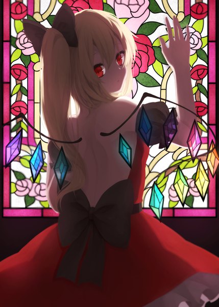 Anime picture 2591x3624 with touhou flandre scarlet squallea single long hair tall image looking at viewer fringe highres blonde hair hair between eyes red eyes standing looking back from behind short sleeves puffy sleeves side ponytail floral print alternate hairstyle