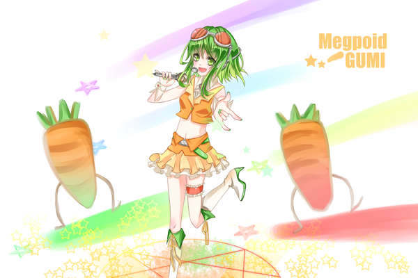 Anime picture 1200x800 with vocaloid gumi green eyes nail polish green hair singing girl miniskirt sunglasses microphone vegetables carrot