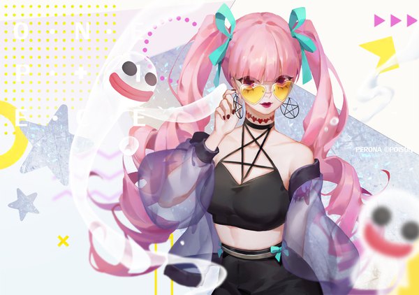 Anime picture 1706x1200 with one piece toei animation perona dywx poison single long hair looking at viewer fringe highres pink hair blunt bangs nail polish pink eyes midriff copyright name character names lipstick drill hair pink lipstick ghost