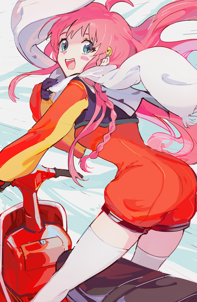 Anime picture 783x1200 with top wo nerae 2! diebuster gainax nono (top wo nerae 2!) k (sktchblg) single long hair tall image looking at viewer blue eyes pink hair ahoge looking back from behind zettai ryouiki symbol-shaped pupils blush stickers girl thighhighs white thighhighs scarf
