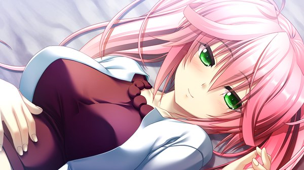Anime picture 1280x720 with nosferatu no omocha misha (nosferatu no omocha) long hair looking at viewer blush smile wide image twintails green eyes pink hair game cg girl