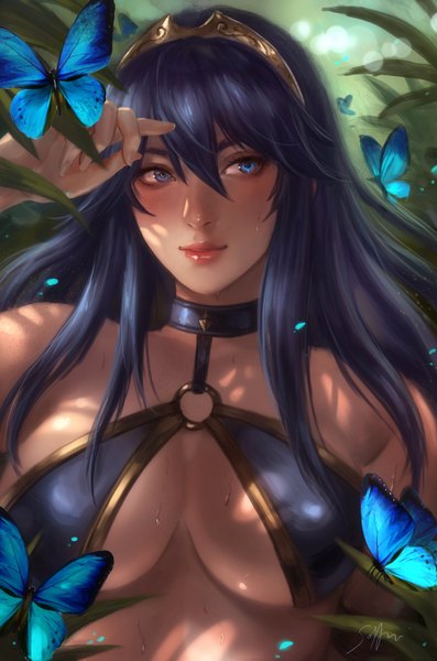 Anime picture 1000x1511 with fire emblem fire emblem awakening nintendo lucina (fire emblem) soffa single long hair tall image looking at viewer blush fringe breasts blue eyes light erotic black hair hair between eyes large breasts bare shoulders signed upper body