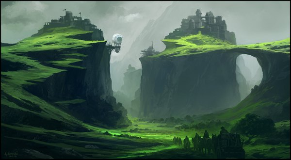 Anime picture 1500x825 with original andreas rocha wide image signed mountain landscape nature rock plant (plants) animal tree (trees) grass flag castle people horse