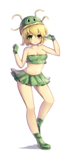 Anime picture 1925x4000 with evo dx 2 (game) vertalist (evo dx 2) midna01 single tall image looking at viewer blush highres short hair breasts blonde hair simple background standing white background bare shoulders green eyes girl skirt gloves miniskirt