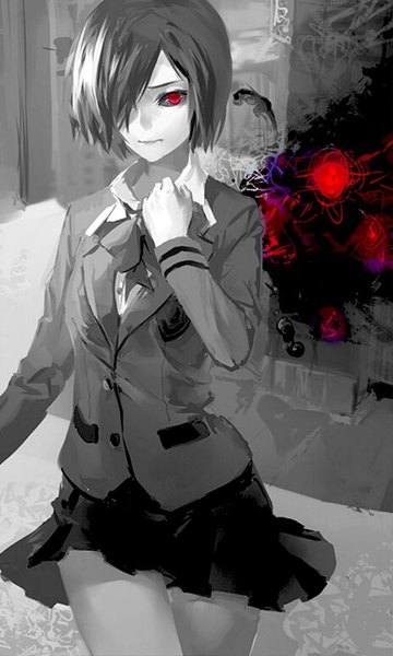 Anime picture 480x800 with tokyo ghoul studio pierrot kirishima touka liyou-ryon jinryol3 single tall image fringe red eyes looking away outdoors pleated skirt wind lips hair over one eye midriff hand on chest monochrome walking black sclera