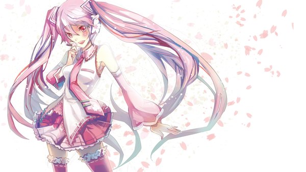 Anime picture 1920x1080 with vocaloid hatsune miku sakura miku shadowsinking single looking at viewer blush highres smile wide image twintails pink hair very long hair pink eyes girl thighhighs dress detached sleeves petals