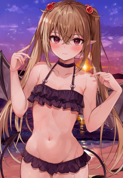 Anime picture 1414x2048 with original racchi. single long hair tall image looking at viewer blush fringe breasts light erotic hair between eyes red eyes brown hair standing twintails payot cloud (clouds) outdoors tail pointy ears