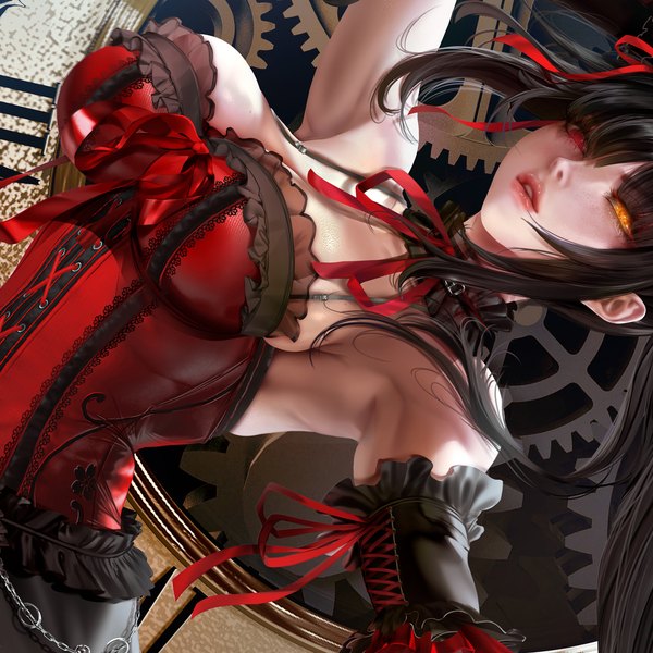 Anime-Bild 1080x1080 mit date a live tokisaki kurumi javier estrada single long hair looking at viewer fringe breasts open mouth light erotic black hair red eyes large breasts twintails bare shoulders cleavage parted lips arm up lips realistic
