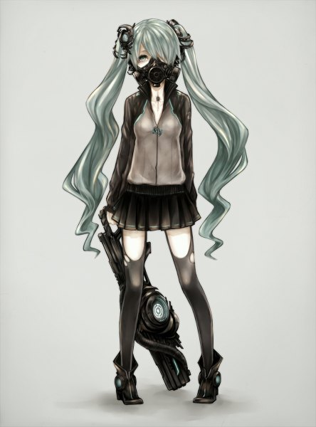 Anime picture 888x1200 with vocaloid hatsune miku kaname (cherry0732) single long hair tall image looking at viewer fringe simple background twintails pleated skirt grey hair hair over one eye grey background grey eyes girl thighhighs skirt weapon black thighhighs