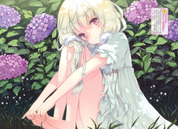 Anime picture 3394x2469 with original cuteg single long hair blush highres blonde hair red eyes absurdres barefoot scan girl dress flower (flowers)