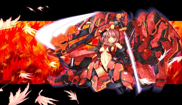 Anime picture 1300x750 with infinite stratos original 8bit tro single blush short hair light erotic wide image yellow eyes pink hair mechanical girl navel weapon sword katana leaf (leaves)