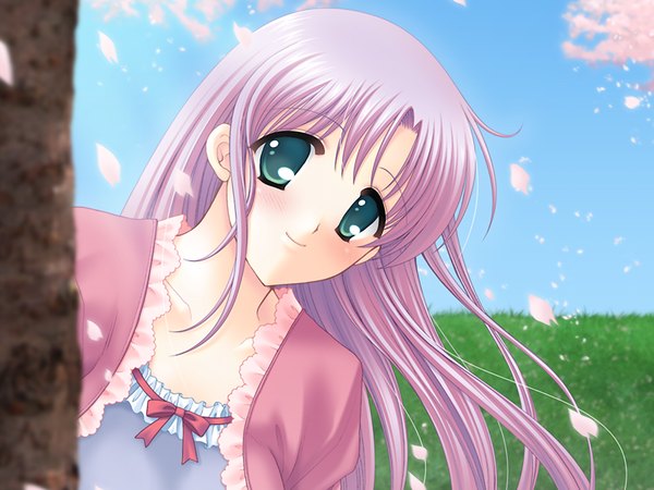 Anime picture 1024x768 with goshujin-sama e (game) sonobe madoka single long hair looking at viewer smile green eyes pink hair game cg purple hair upper body outdoors girl petals