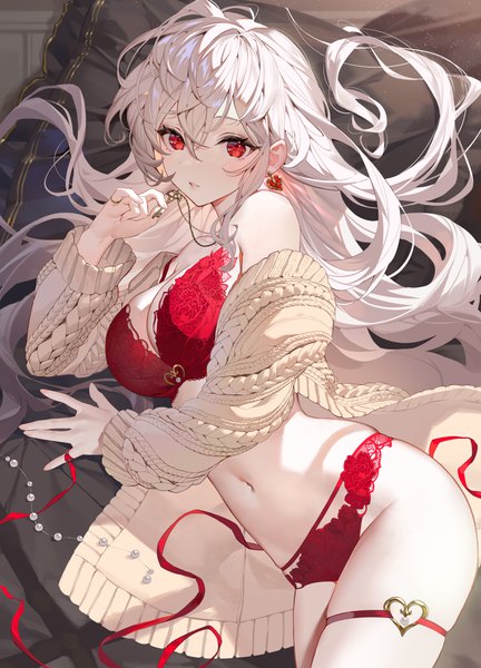 Anime picture 3551x4929 with original teffish single long hair tall image looking at viewer blush fringe highres breasts light erotic hair between eyes red eyes large breasts absurdres cleavage white hair lying long sleeves from above