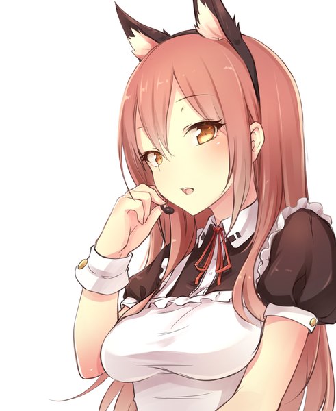 Anime picture 800x976 with original gogatsu no renkyuu single long hair tall image looking at viewer blush fringe breasts open mouth simple background smile hair between eyes white background brown eyes animal ears pink hair upper body short sleeves maid