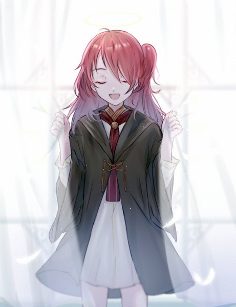 Anime-Bild 1000x1300 mit arknights exusiai (arknights) haku wi single long hair tall image open mouth holding red hair eyes closed one side up girl curtains mantle