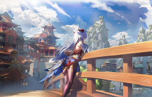 Anime picture 3200x2052 with genshin impact ganyu (genshin impact) eikou no kassai single long hair fringe highres breasts hair between eyes standing purple eyes signed blue hair looking away absurdres sky cloud (clouds) ahoge outdoors ass