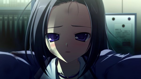 Anime picture 1280x720 with root double fsubakiyama ena long hair blush black hair wide image purple eyes game cg girl