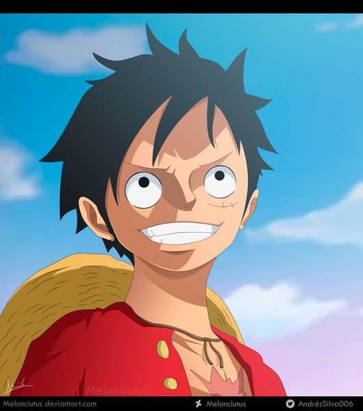 Anime picture 1730x1960 with one piece toei animation monkey d. luffy melonciutus single tall image fringe highres short hair black hair smile signed looking away sky cloud (clouds) upper body black eyes open clothes twitter username grin