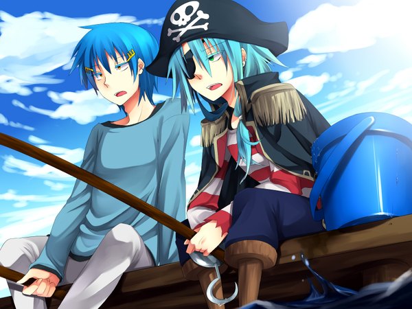 Anime picture 1600x1200 with happy tree friends russell (htf) lumpy murasaki tsuki sayaka (artist) long hair short hair open mouth sitting green eyes yellow eyes blue hair sky cloud (clouds) ponytail clothes on shoulders personification pirate fishing boy hair ornament