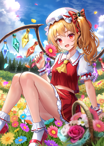 Anime-Bild 600x837 mit touhou flandre scarlet uemura shun single tall image looking at viewer short hair open mouth light erotic blonde hair red eyes sitting sky cloud (clouds) outdoors nail polish :d pantyshot puffy sleeves one side up