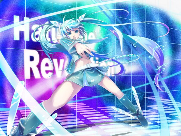 Anime picture 1600x1200 with vocaloid hatsune miku k2pudding single looking at viewer fringe hair between eyes standing twintails very long hair aqua eyes aqua hair midriff girl skirt detached sleeves miniskirt