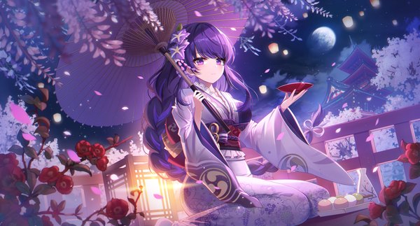 Anime picture 2500x1347 with genshin impact raiden shogun hayun single long hair looking at viewer fringe highres wide image sitting purple eyes holding purple hair cloud (clouds) outdoors blunt bangs braid (braids) traditional clothes japanese clothes hair flower