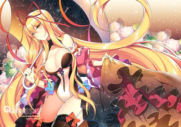 Anime picture 1000x706 with touhou yakumo yukari roh nam kyung single looking at viewer fringe breasts light erotic blonde hair large breasts bare shoulders yellow eyes very long hair alternate costume girl thighhighs flower (flowers) ribbon (ribbons) bow black thighhighs