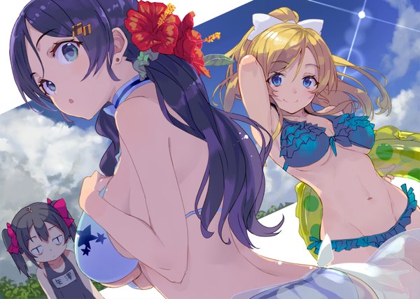 Anime picture 1101x786 with love live! school idol project sunrise (studio) love live! yazawa nico toujou nozomi ayase eli shirabi long hair looking at viewer blush fringe breasts open mouth blue eyes light erotic black hair blonde hair smile hair between eyes large breasts