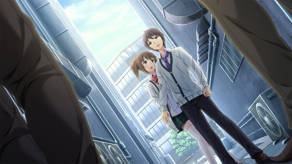 Anime picture 1280x720 with tsuisou no augment hinasaki you short hair black hair wide image brown eyes game cg girl thighhighs boy uniform school uniform white thighhighs sweater