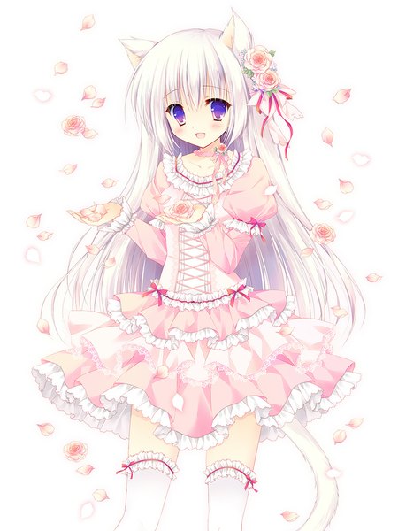 Anime picture 825x1100 with original hasekura chiaki single long hair tall image looking at viewer blush open mouth purple eyes animal ears white hair tail animal tail cat ears cat girl cat tail girl thighhighs dress flower (flowers)