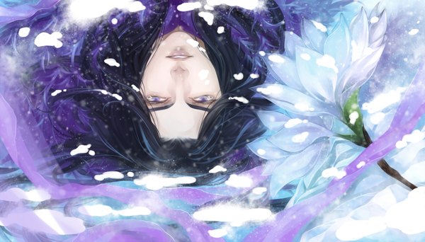 Anime picture 1753x1000 with original dk (pixiv) single long hair looking at viewer highres black hair wide image purple eyes lying on back tears crying upside down boy flower (flowers) water