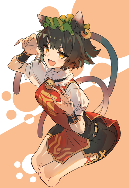 Anime picture 877x1273 with touhou chen uu uu zan single tall image short hair open mouth brown hair animal ears tail :d animal tail fingernails cat ears cat girl cat tail orange eyes puffy sleeves long fingernails slit pupils