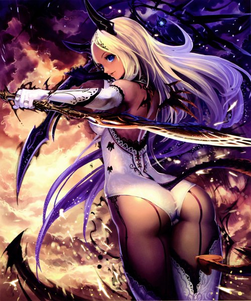 Anime picture 3655x4385 with shingeki no bahamut tachikawa mushimaro (bimo) single long hair tall image highres blue eyes light erotic absurdres ass white hair tail looking back horn (horns) scan girl dress gloves weapon sword