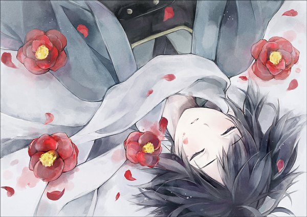 Anime picture 1000x708 with touken ranbu nitroplus yamato no kami yasusada atea single short hair black hair lying eyes closed traditional clothes japanese clothes from above boy flower (flowers) petals scarf camellia (flower)