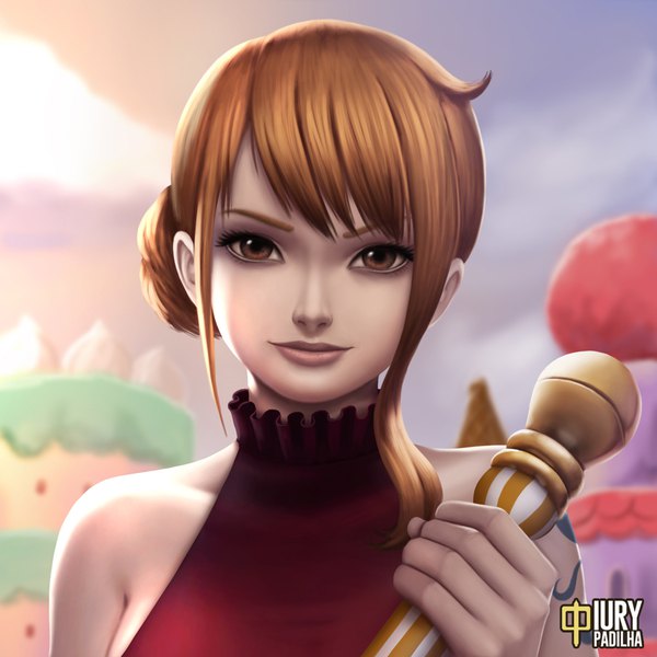 Anime picture 900x900 with one piece toei animation nami (one piece) iury padilha single looking at viewer fringe short hair smile brown hair bare shoulders holding brown eyes signed payot sky upper body outdoors lips realistic