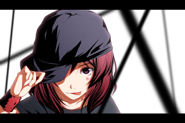 Anime picture 900x598 with love live! school idol project sunrise (studio) love live! nishikino maki noppi (noppi 98) single looking at viewer short hair purple eyes red hair girl tongue flat cap