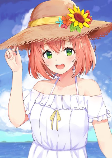 Anime picture 1448x2048 with virtual youtuber nijisanji honma himawari racchi. single tall image looking at viewer blush fringe short hair open mouth smile hair between eyes bare shoulders green eyes sky cloud (clouds) upper body :d blurry