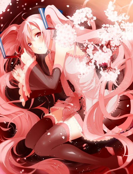 Anime picture 1700x2229 with vocaloid hatsune miku sakura miku temari (deae) single tall image blush twintails pink hair very long hair pink eyes girl skirt flower (flowers) detached sleeves petals necktie thigh boots