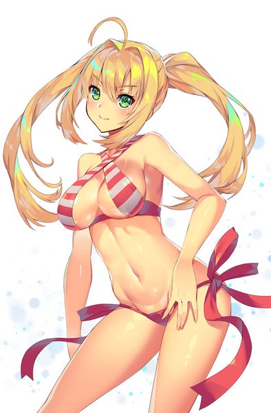 Anime picture 526x800 with fate (series) fate/grand order nero claudius (fate) nero claudius (swimsuit caster) (fate) yoshimoto (dear life) single long hair tall image blush fringe light erotic blonde hair smile hair between eyes white background twintails green eyes ahoge groin girl