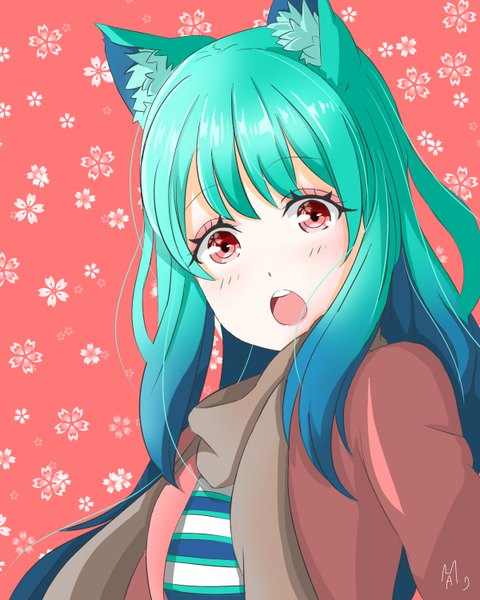Anime picture 1200x1500 with original nekolita single long hair tall image looking at viewer blush fringe open mouth red eyes animal ears blunt bangs multicolored hair cat ears aqua hair cat girl portrait gradient hair red background eyeshadow