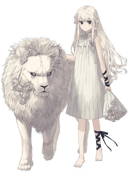 Anime picture 3000x4093 with original rairyuu single long hair tall image looking at viewer fringe highres simple background smile standing white background holding white hair barefoot hair flower black eyes sleeveless toenails girl
