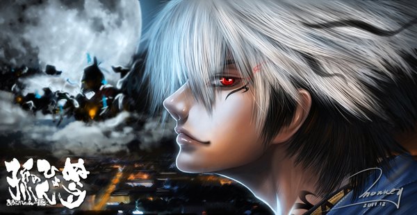Anime picture 1680x868 with nurarihyon no mago nurarihyon monkey (weibo) single short hair black hair red eyes wide image signed silver hair profile multicolored hair lips realistic inscription two-tone hair tattoo hieroglyph face paint boy