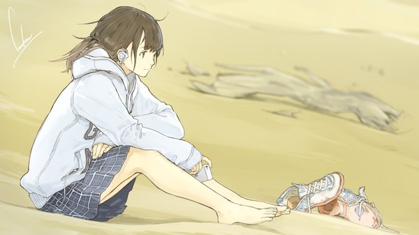 Anime picture 1920x1080 with original loundraw single long hair fringe highres brown hair wide image sitting holding brown eyes signed barefoot bare legs plaid skirt sand girl skirt shoes headphones