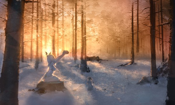 Anime picture 4134x2480 with original futoshi ame long hair highres smile wide image sitting holding animal ears yellow eyes looking away absurdres outdoors white hair profile arm up sunlight shadow bunny ears winter