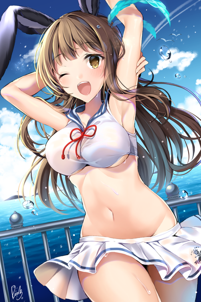 Anime picture 700x1048 with original pinb single long hair tall image looking at viewer blush breasts open mouth light erotic brown hair bare shoulders brown eyes signed animal ears sky cloud (clouds) outdoors pleated skirt one eye closed