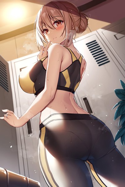 Anime picture 800x1193 with yahari ore no seishun love comedy wa machigatteiru. brains base (studio) yuigahama yui's mother xe (execut3r) single tall image looking at viewer blush fringe short hair breasts light erotic smile hair between eyes brown hair large breasts standing brown eyes ass indoors