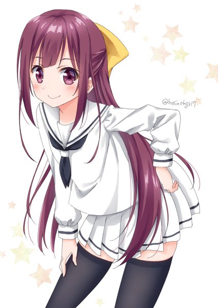 Anime picture 702x991 with kantai collection kamikaze destroyer hoshino kagari single long hair tall image looking at viewer blush fringe smile standing white background purple eyes signed payot purple hair long sleeves pleated skirt leaning zettai ryouiki