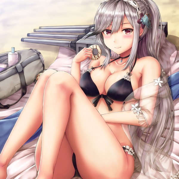 Anime picture 1536x1536 with azur lane dunkerque (azur lane) dunkerque (summer sucre) (azur lane) buran (22x) single long hair looking at viewer blush fringe breasts light erotic smile hair between eyes large breasts purple eyes bare shoulders holding payot cleavage bent knee (knees)